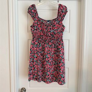 Old Navy Pink Floral Smocked Sundress with Green Leaves
